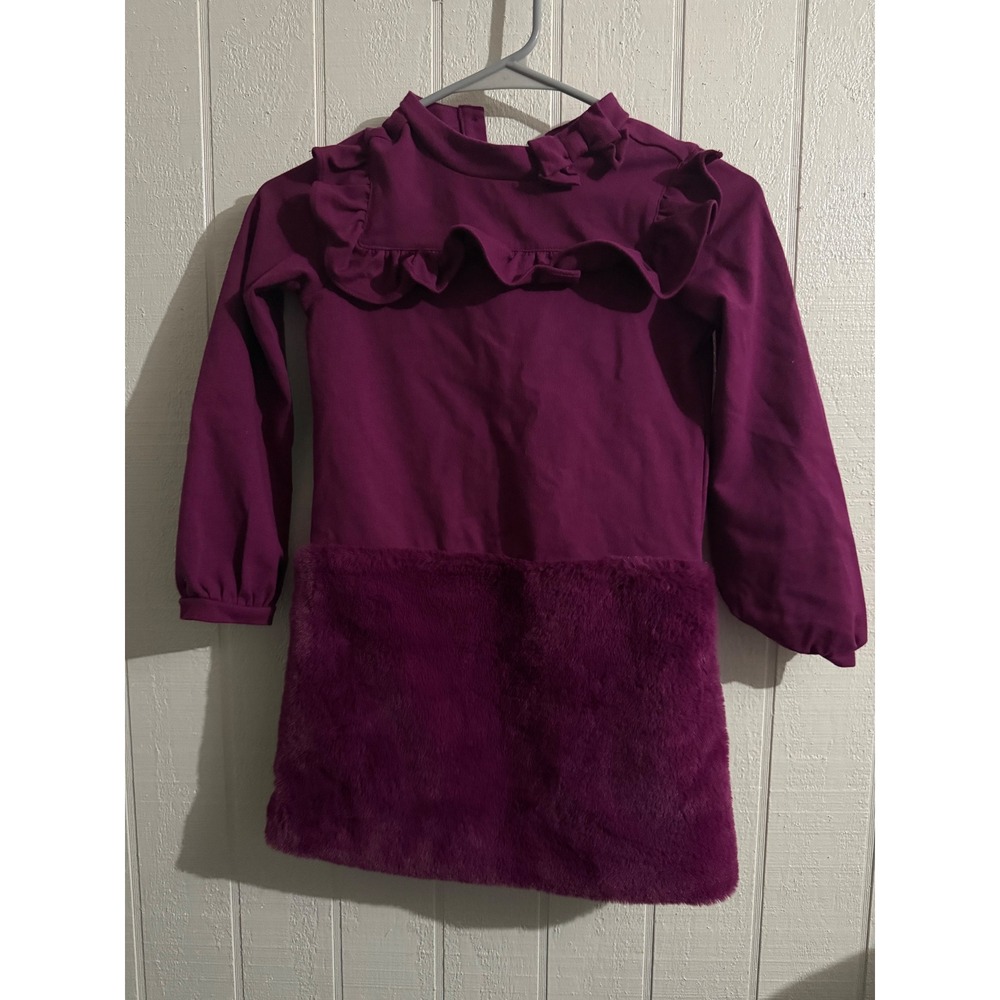 Janie and Jack Girls Plum Purple Ruffle Faux Fur Skirt Dress Size 7 Long Sleeve